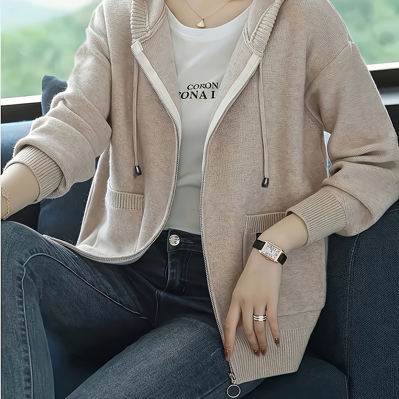 TEMU Elegancka Damska Kurtka z Kapturem na Zamek - Ciepły Płaszcz Zimowy z Kapturem, Długi Rękaw, Zapięcie na Zamek, Casual do Formalnego Okrycia