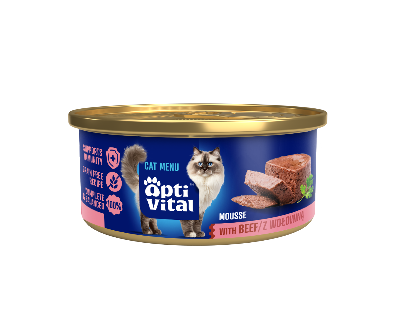 Puszysty mus dla dorosłych kotów z wołowiną OptiVital mini puszka 85 g