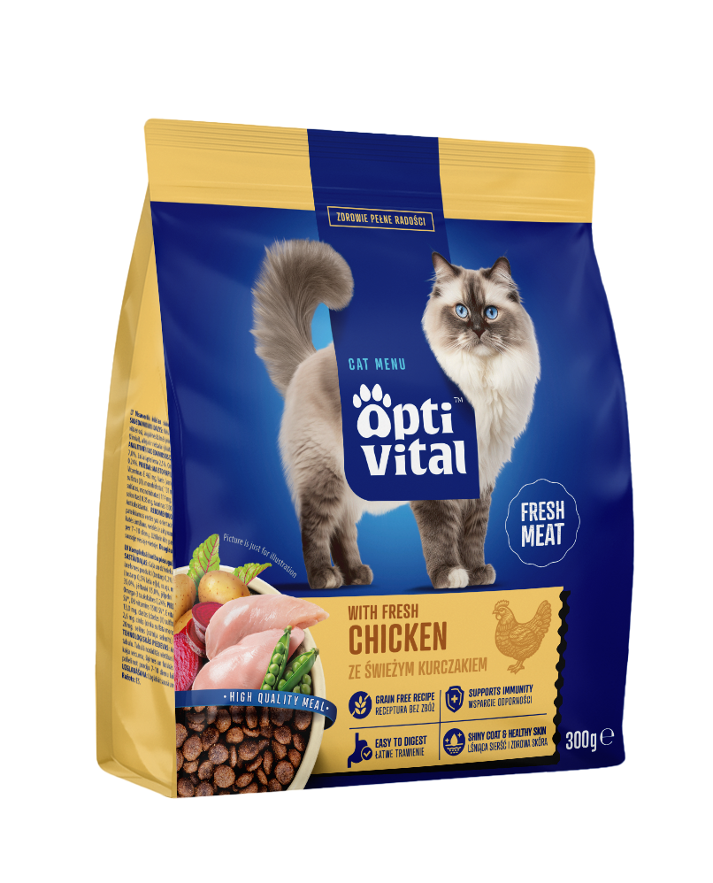 Sucha karma dla dorosłych kotów ze świeżym kurczakiem OptiVital 300 g