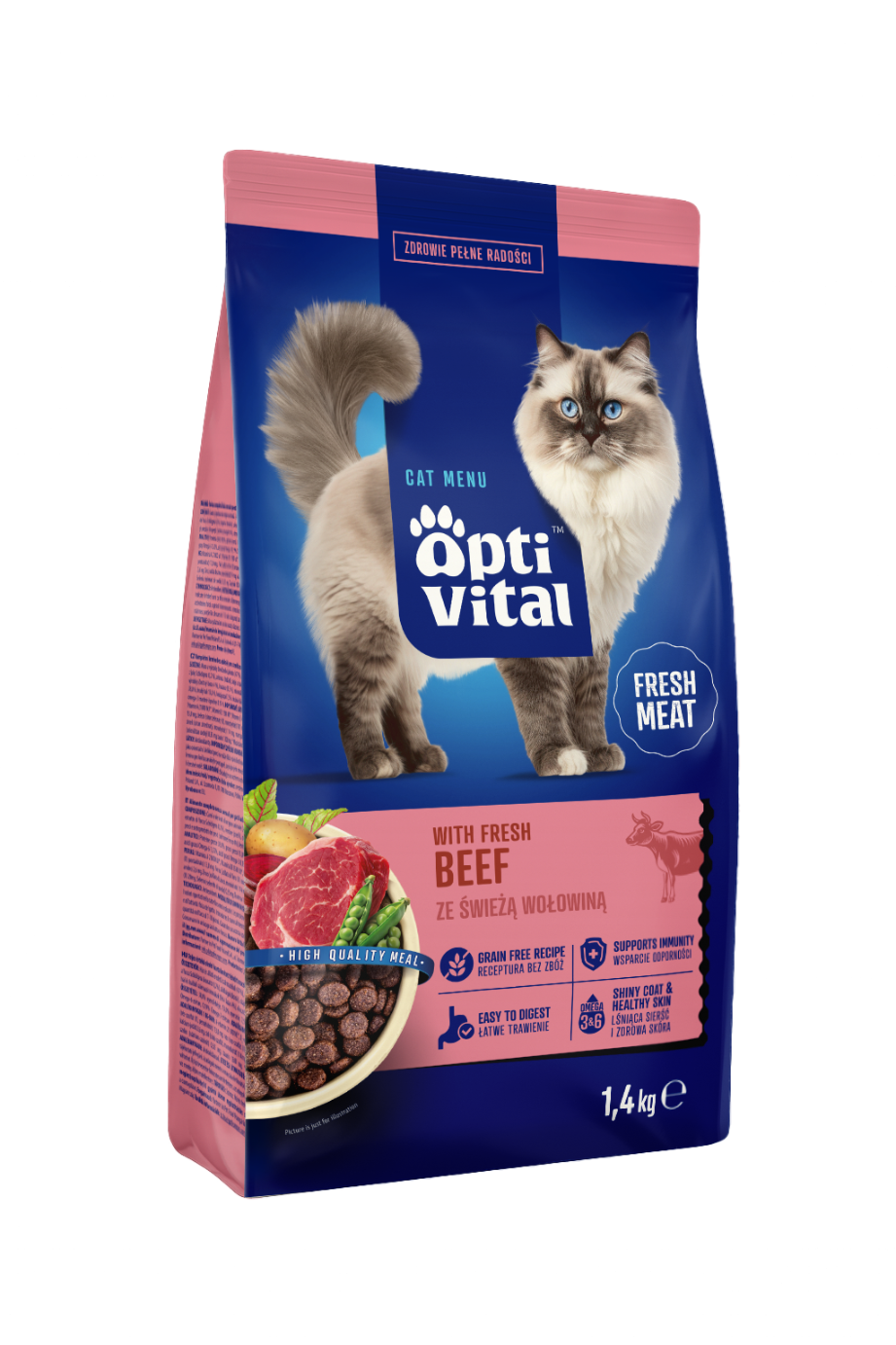 Sucha karma dla dorosłych kotów ze świeżą wołowiną OptiVital 1,4 kg