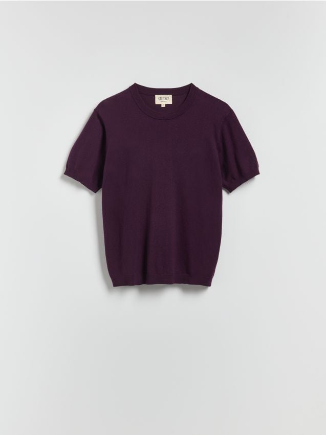 Reserved - Sweter z krótkim rękawem z dodatkiem wełny - ciemnofioletowy