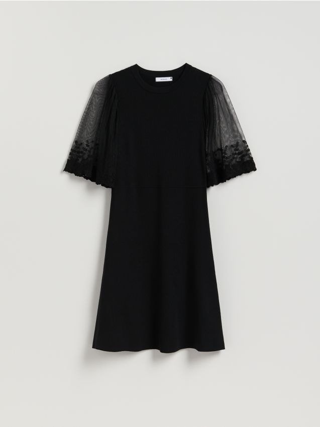 Reserved - Sukienka z ozdobnymi rękawami - czarny