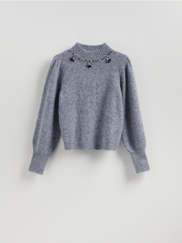 Reserved - Sweter z biżuteryjną aplikacją - granatowy