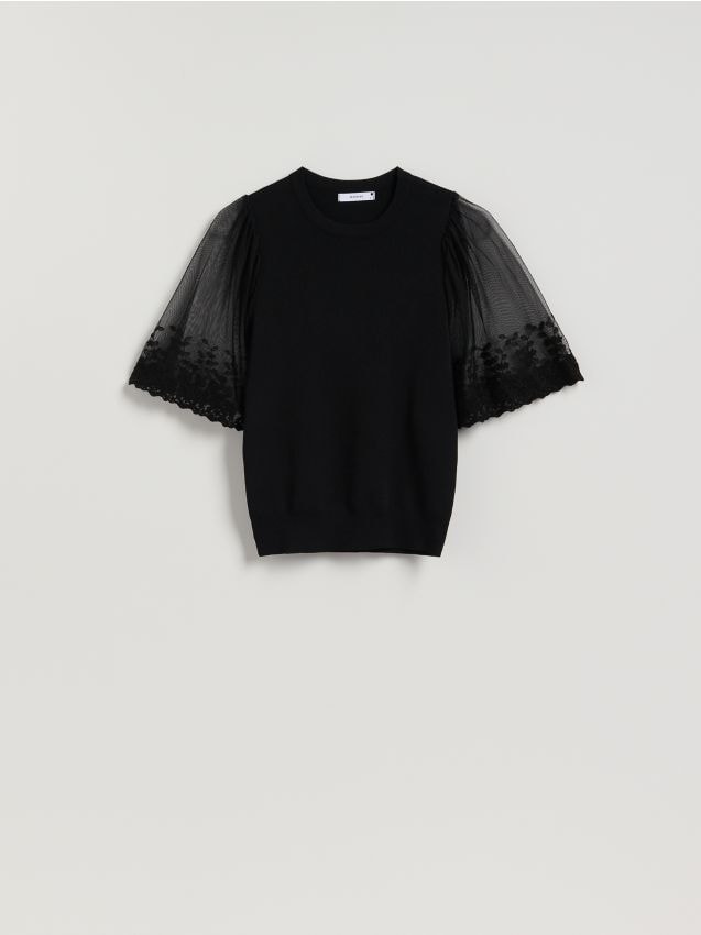 Reserved - Bluzka z ozdobnymi rękawami - czarny