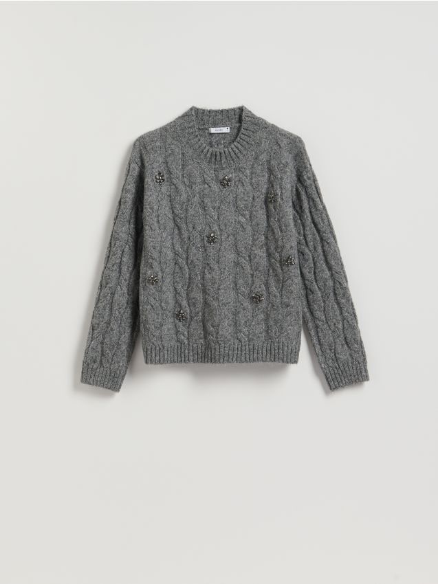 Reserved - Sweter z błyszczącą aplikacją - szary