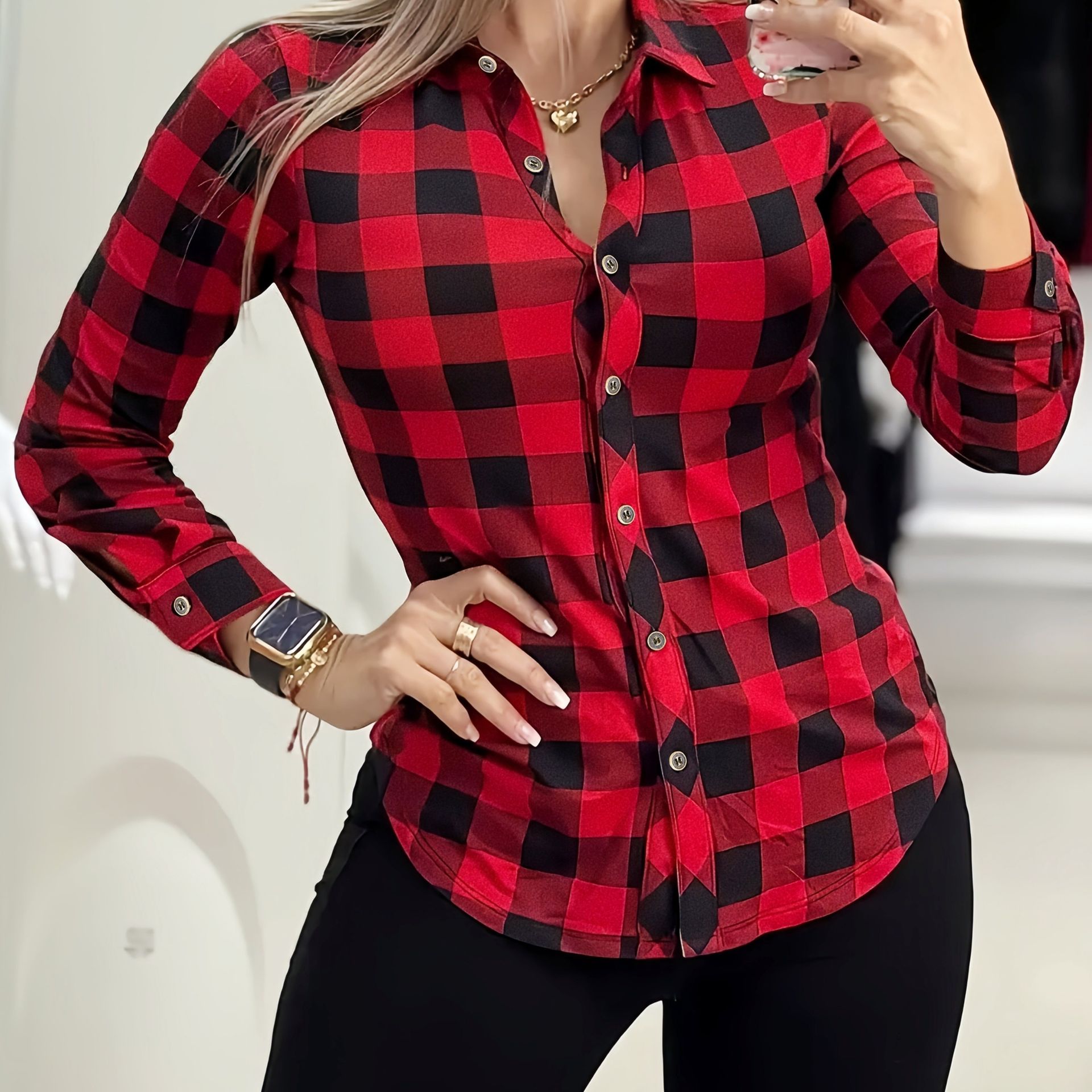 TEMU Damska koszula w kratę z długim rękawem na jesień, z kołnierzykiem na guziki i klasycznym czerwono-czarnym wzorem w kratę, z unikalnym