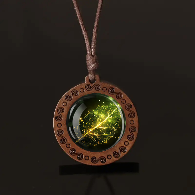 TEMU Świecący Liść Drewniany Wisiorek - Regulowany Boho Styl Vintage z Fluorescencyjnym Zielonym Drewnem i Czarnym Sznurkiem, Biżuteria Uniseks na