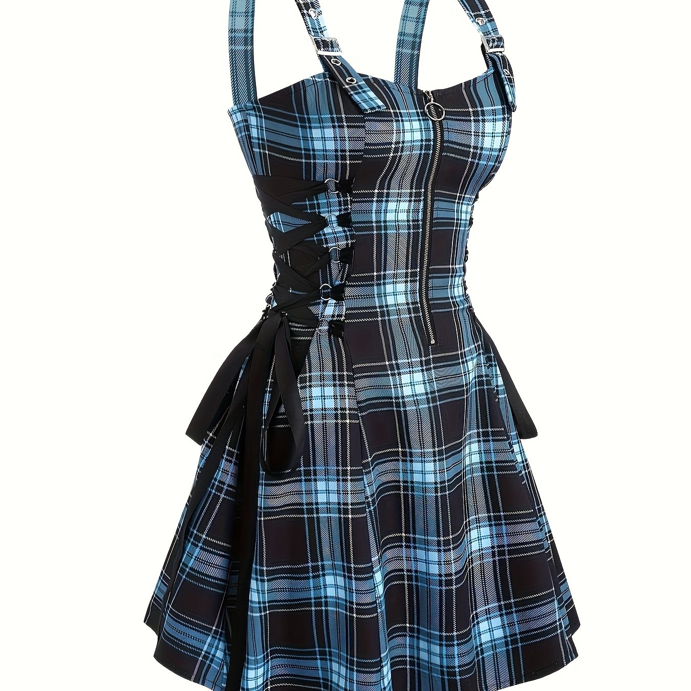 TEMU Sukienka z Odkrytymi Ramionami w Kratę Czarno-Niebieską dla Kobiet z Zamkiem i Regulowanymi Paskami na Ramiączkach - Od Przypadku do