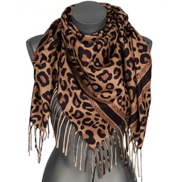 Chusta damska przejściowa w PANTERKĘ na prezent z frędzlami RCC8-2 brązowa