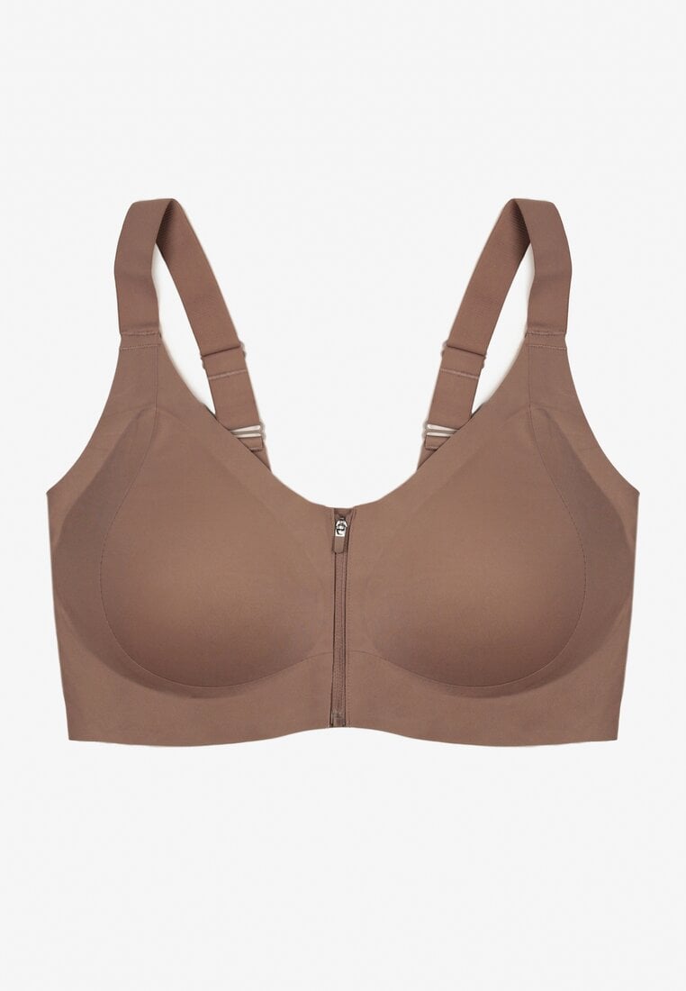 Ciemnobeżowy Sportowy Biustonosz z Suwakiem z Przodu Eziline