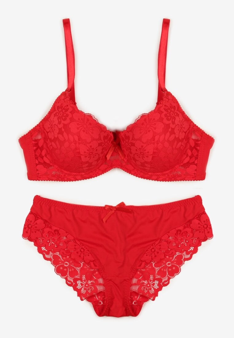 Czerwony Komplet Biustonosz i Majtki Typu Figi Ozdobiony Koronką Ezivane