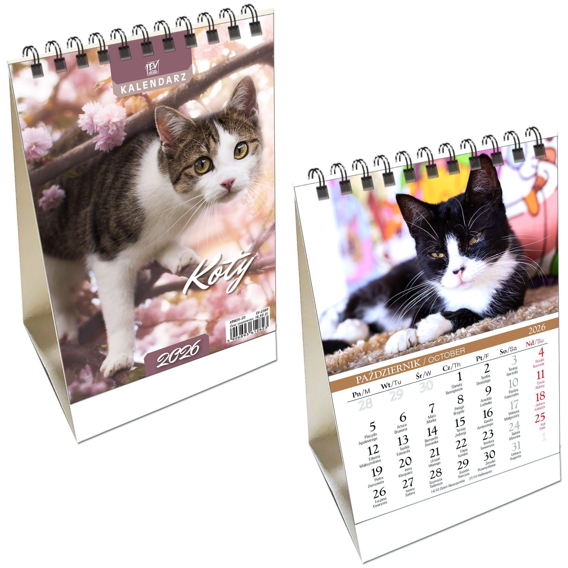 Kalendarz 2026 biurkowy pion Koty - kalendarz