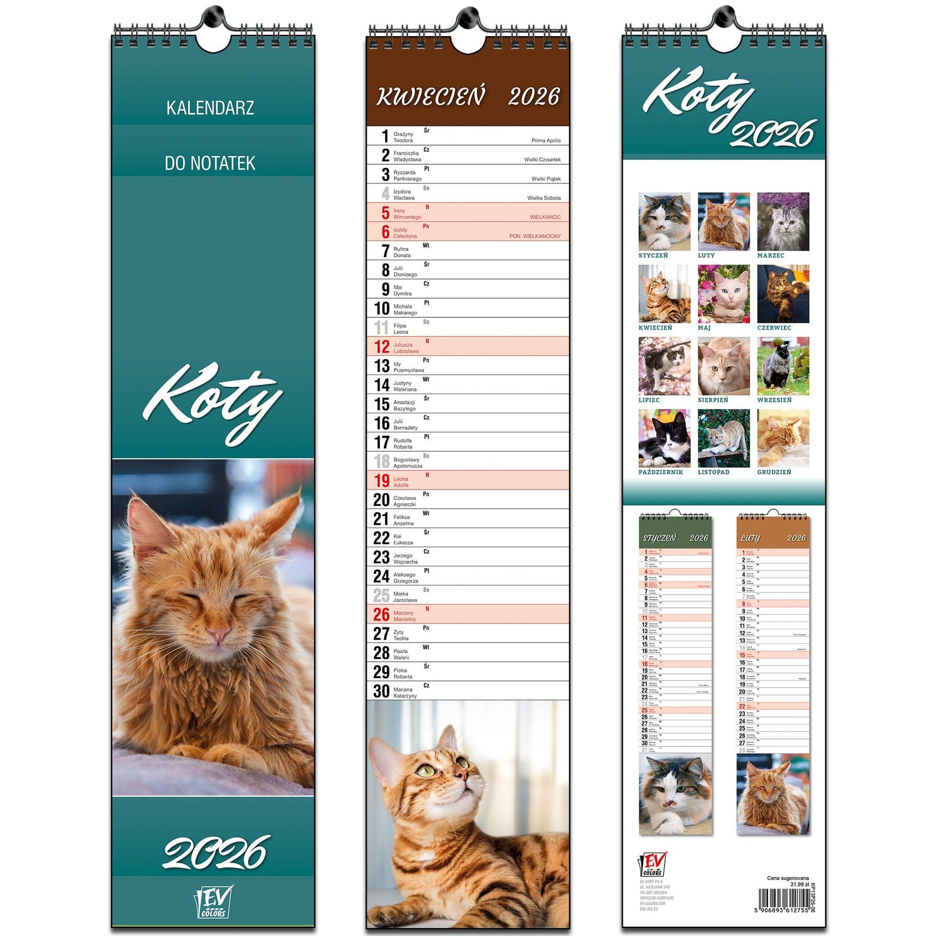 Kalendarz 2026 paskowy 13 planszowy Koty - kalendarz