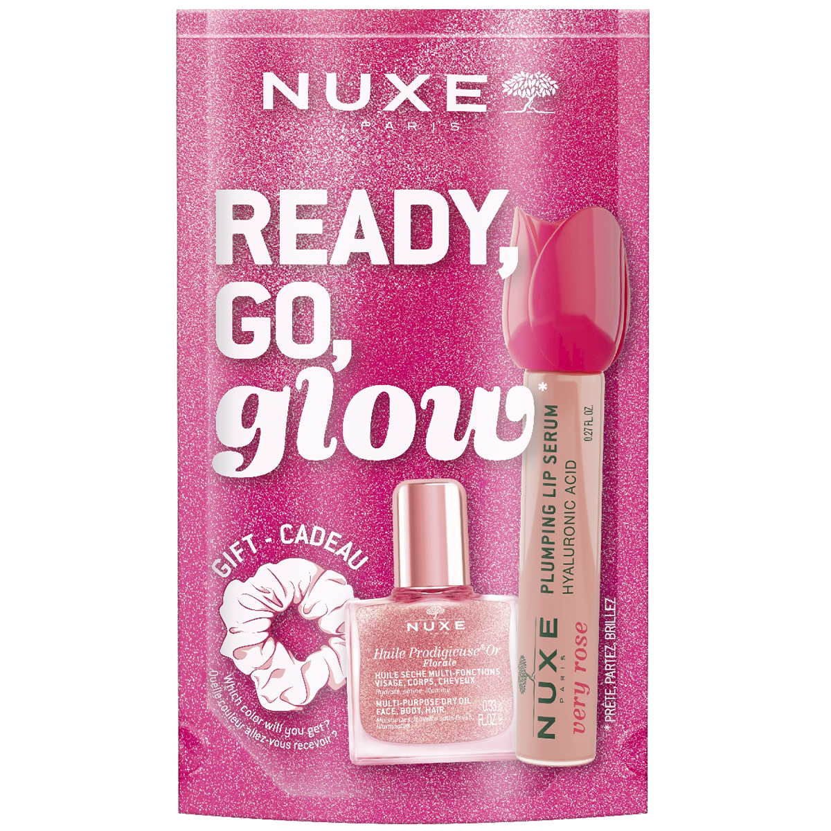 Zestaw Nuxe Ready Go Glow, serum powiększające usta, 8 ml + suchy olejek, 10 ml + gumka do włosów
