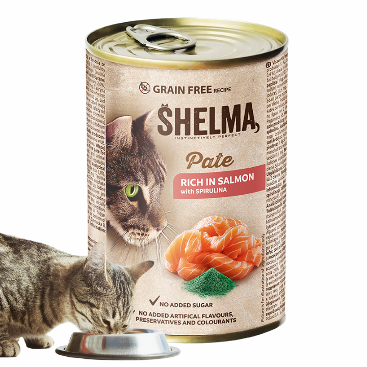 Bezzbożowy pasztet dla kota z łososiem i spiruliną Shelma 400 g
