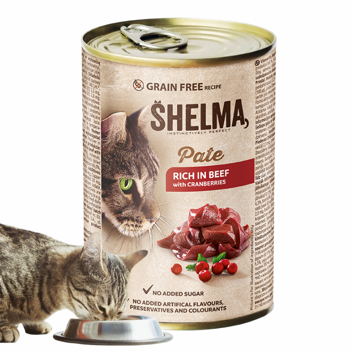 Bezzbożowy pasztet dla kota z wołowiną i żurawiną Shelma 400 g