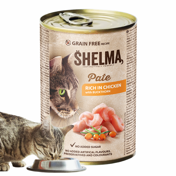 Bezzbożowy pasztet dla kota z kurczakiem i rokitnikiem Shelma 400 g