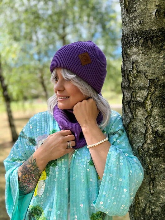 Bawełniana czapka beanie logo ekoskórka Fiolet