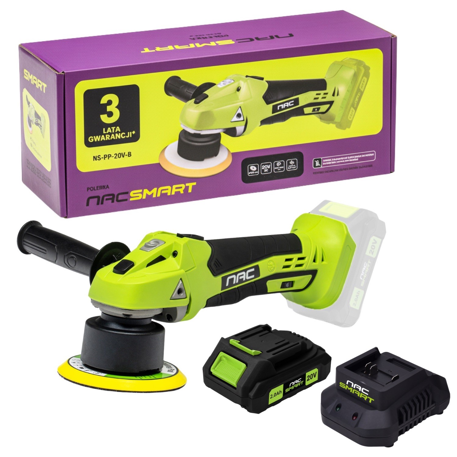 NAC Polerka samochodowa 125 mm NS-PP-20V-B z akumulatorem 2 Ah i szybką ładowarką