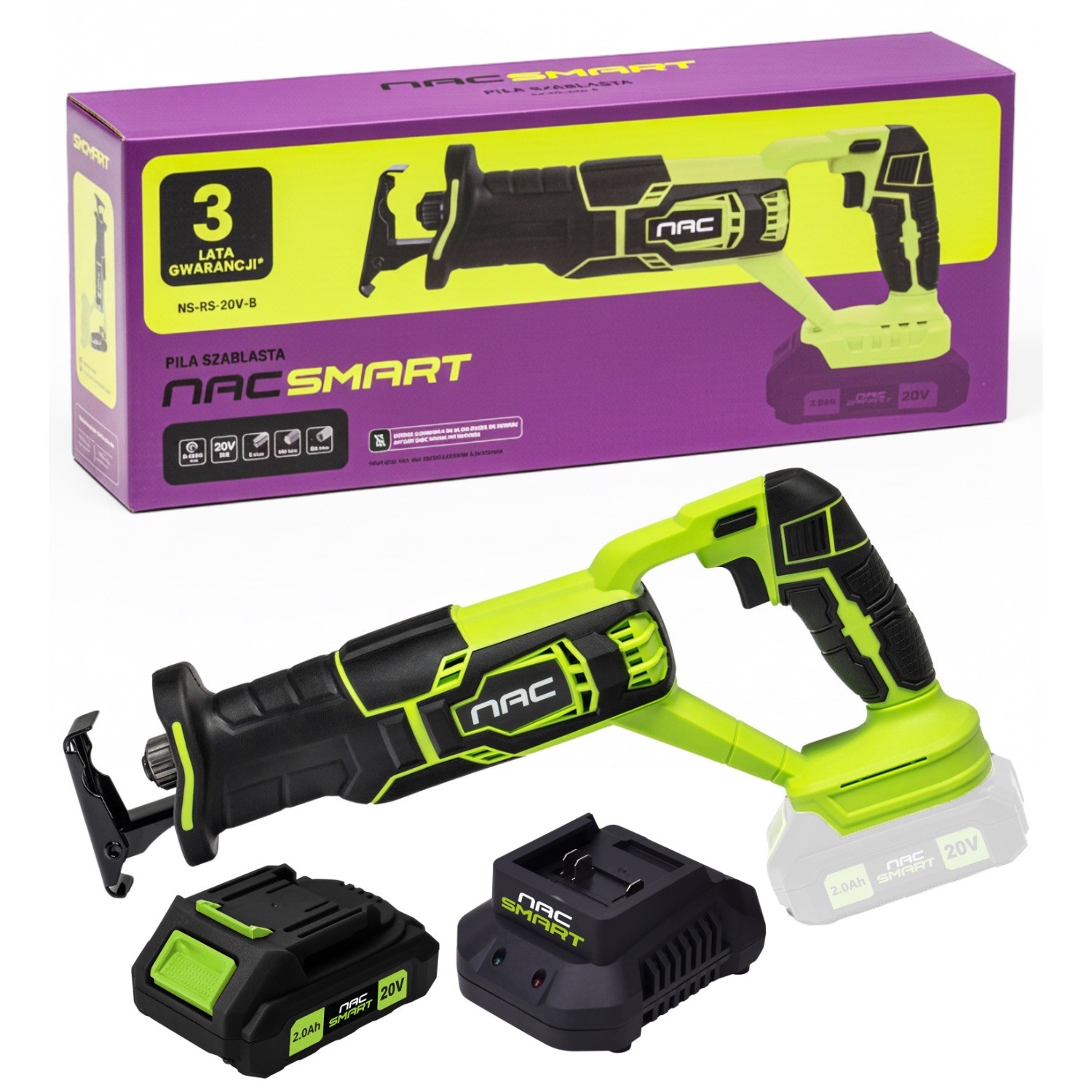 NAC Piła szablasta NS-RS-20V-B z akumulatorem 2 Ah i szybką ładowarką