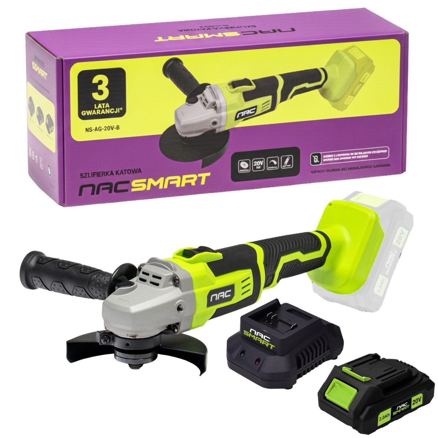 NAC Szlifierka kątowa 115/125 mm NS-AG-20V-B z akumulatorem 2 Ah i szybką ładowarką