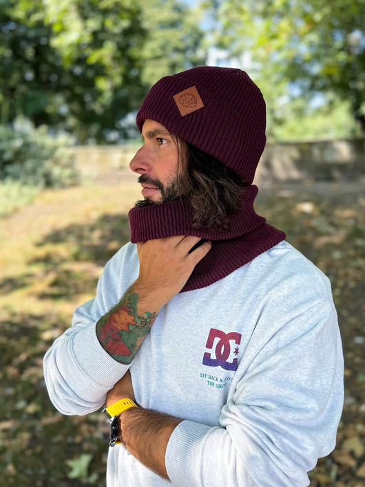 Męska bawełniana czapka beanie logo ekoskórka Bordo