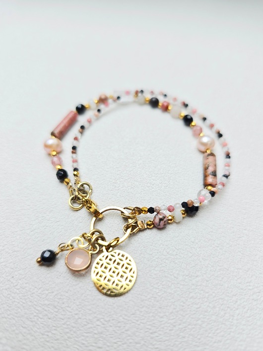 Podwójna bransoletka z róźowym rodonitem