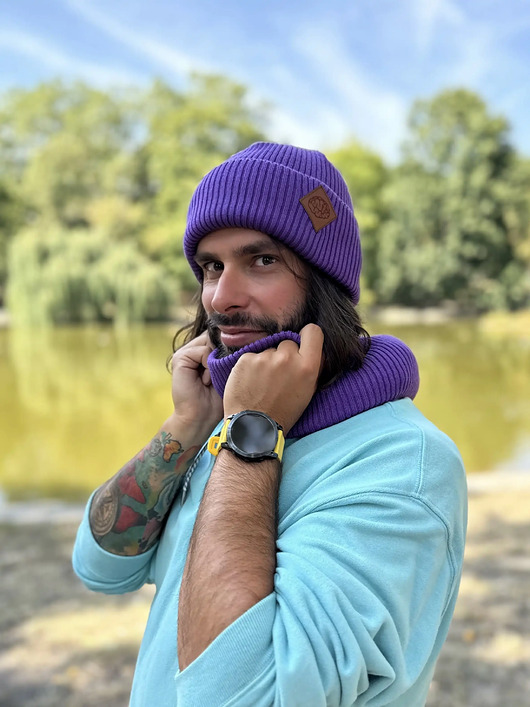 Męska bawełniana czapka beanie logo ekoskórka Fiolet