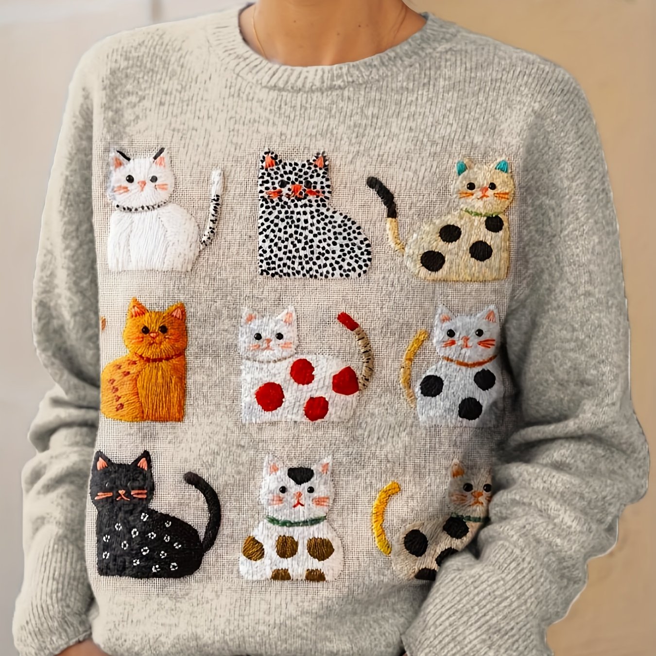 TEMU YY0825043 Modna Jesień/ Nowoczesny Stylowy Uniwersalny Sweter Okrągły Dekoltz Długi Rękaw Damski Top z Wzorami Zwierzęcymi Płaskim Nadrukiem