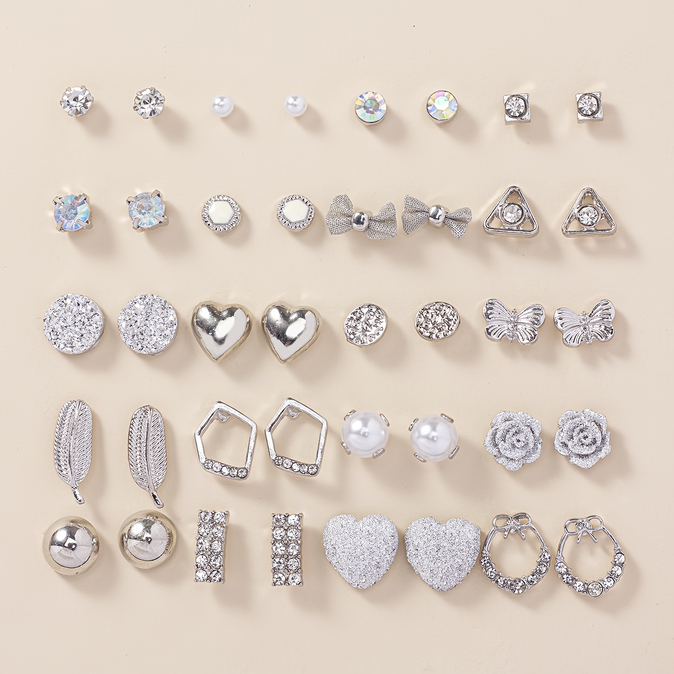 TEMU Zestaw 20 Par Metalowych Kolczyków, Prezent Świąteczny - z Cyrkoniami Sztuczne Liście Kokarda Trójkętnik Flower Wieloczynnościowa Biżuteria dla