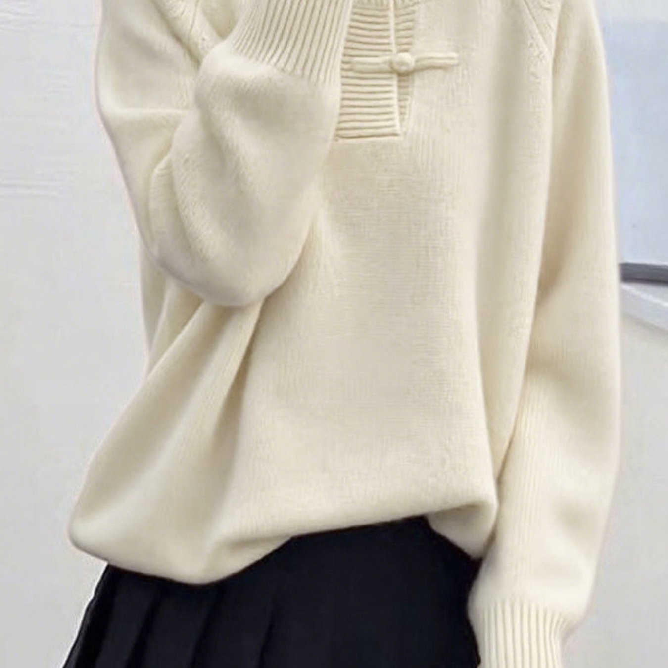 TEMU Sweter z Wysokim Kołnierzem w Stylu Chińskim dla Kobiet z Detalami Guzików - Przytulny na Jesień/Zimę, Długie Rękawy, Jednolity , Zapięcie na