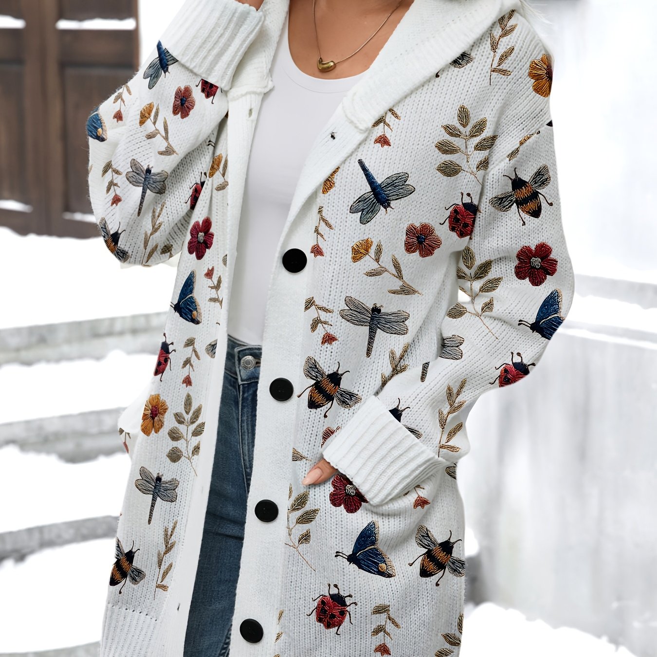TEMU Drukowany Wzór – Nie Szyte Haftowane Damskie Białe Kardiganowe Bluzy z Kapturem i Oversize Rękawami, z Wyszukanym Nadrukiem Owadów i Kwiatów,