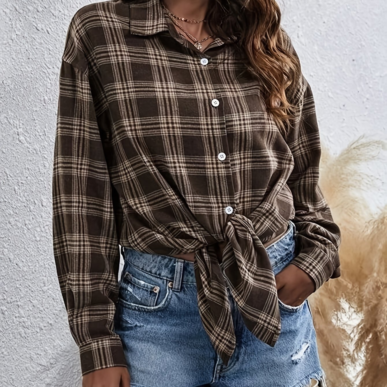 TEMU Damska koszula z guzikami, oversized - luźna bluzka z długim rękawem i kwadratowym dekoltem, nieprześwitujący materiał, idealna na co dzień i na