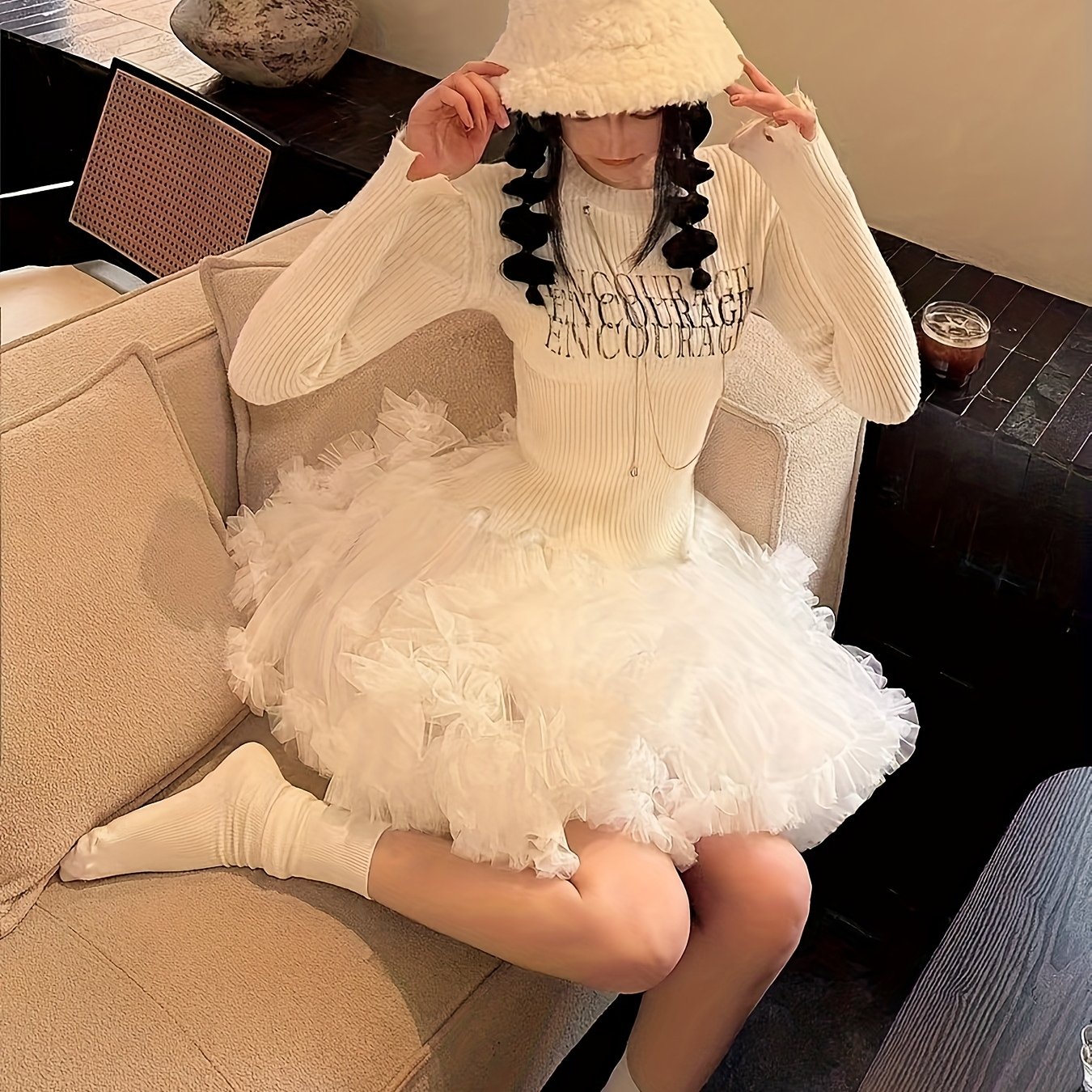 TEMU Y2K Styl Lolita 45cm Krótka Spódnica A-Line - Wielowarstwowa Falbanka z Parasolkowym Dołem, Warstwowy Tort w Kształcie Sukienki Puchowej