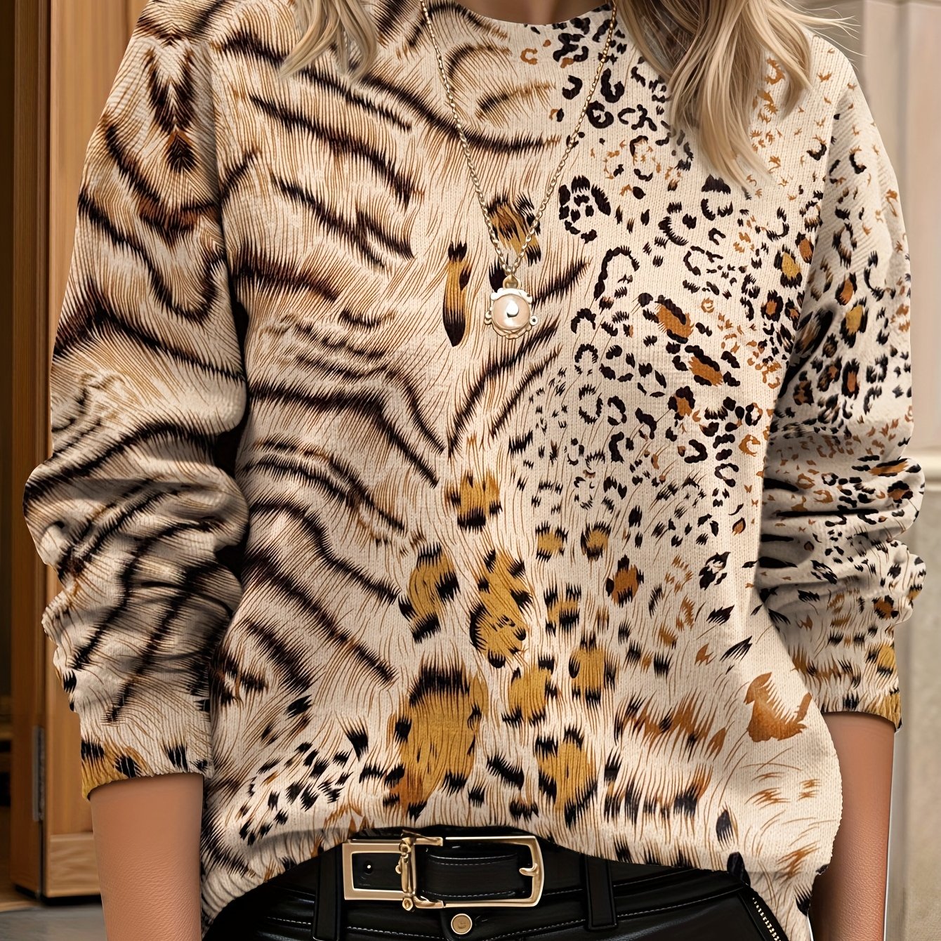 TEMU Damski Sweter w Lamparcie Wzory - Beżowy Brązowy Czarny Biały Wzór Zwierzęcy Lekki Długi Rękaw Kurtka w Stylu Blazera lub Sweter Płaszcz, Casual