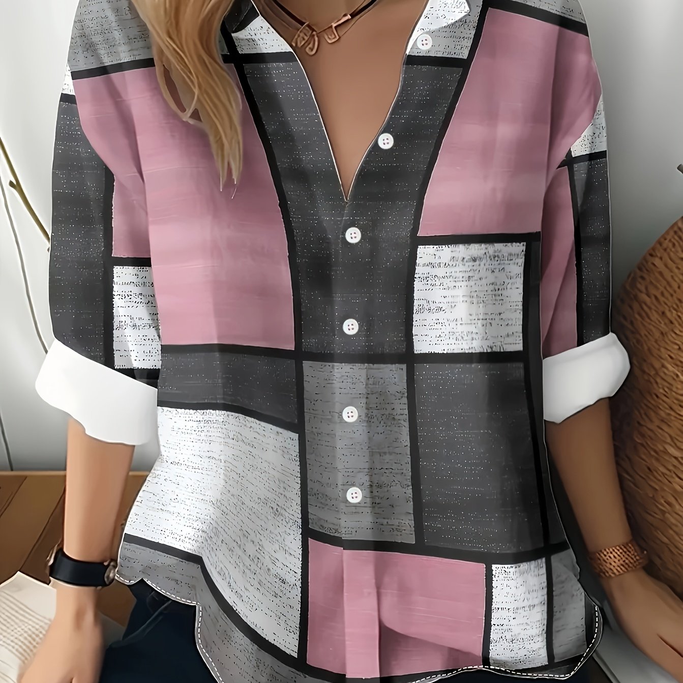 TEMU Koszula Damska w Kratę z Długim Rękawem - Klasyczna Koszulka z Kołnierzykiem na Guziki, Wzór w Różowo-Czarne/Białe/Szare Paski, Lekki Top na