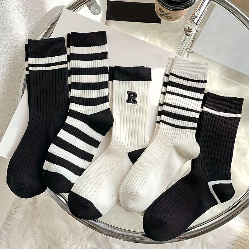TEMU 5 par damskich skarpetek do połowy łydki, grubych pasków, wzór alfabetu, dzianinę, poliestrowy 95% elastan 5%, można prać w pralce, 300g/m² -