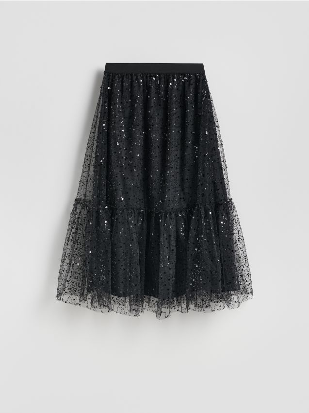 Reserved - Tiulowa spódnica z cekinami - czarny