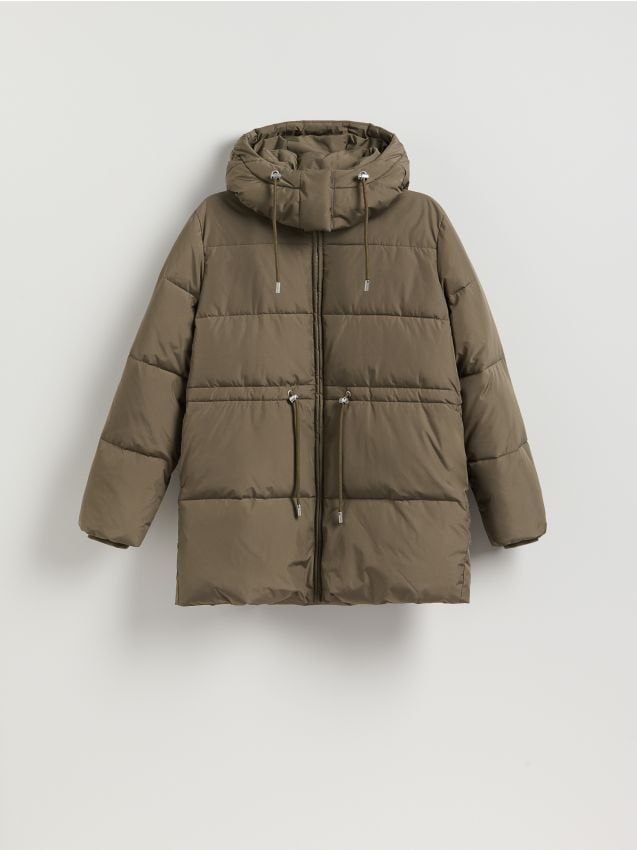 Reserved - Pikowana kurtka z odpinanym kapturem - oliwkowy