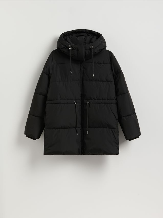 Reserved - Pikowana kurtka z odpinanym kapturem - czarny