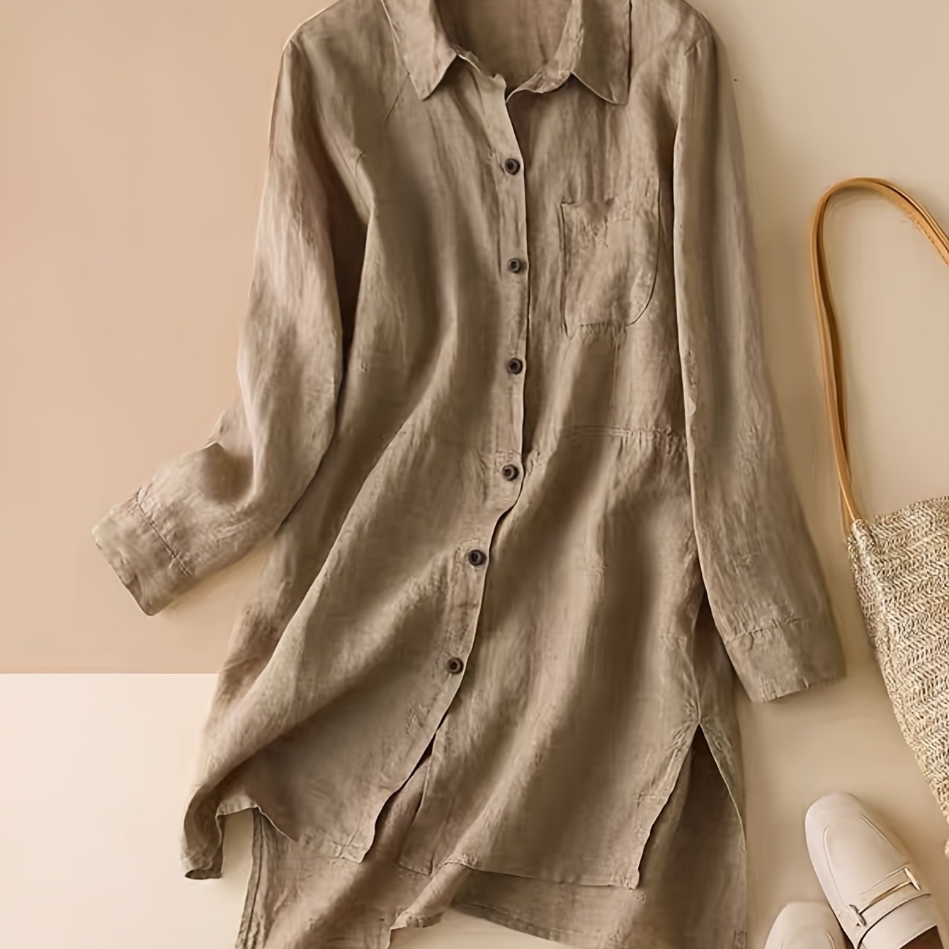 TEMU 2025 Wiosna/Jesień Koszula z Kołnierzykiem, Jednorzędowa, Długi Rękaw, Luźna Lniana Koszula dla Kobiet, Elegancka Uliczna Moda Vintage w Stylu