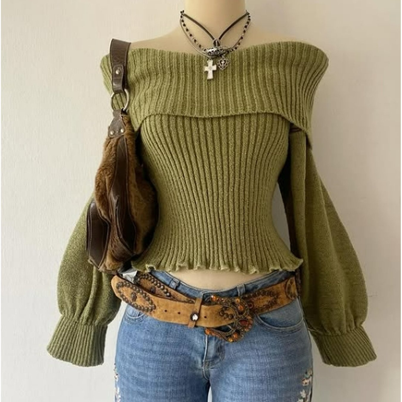 TEMU Elegancki Sweter z Odkrytymi Ramionami dla Kobiet - Szykowny Długi Sweter z Falbanką, Jednolity , Idealny na Jesień/Zimę, Od Codziennego do