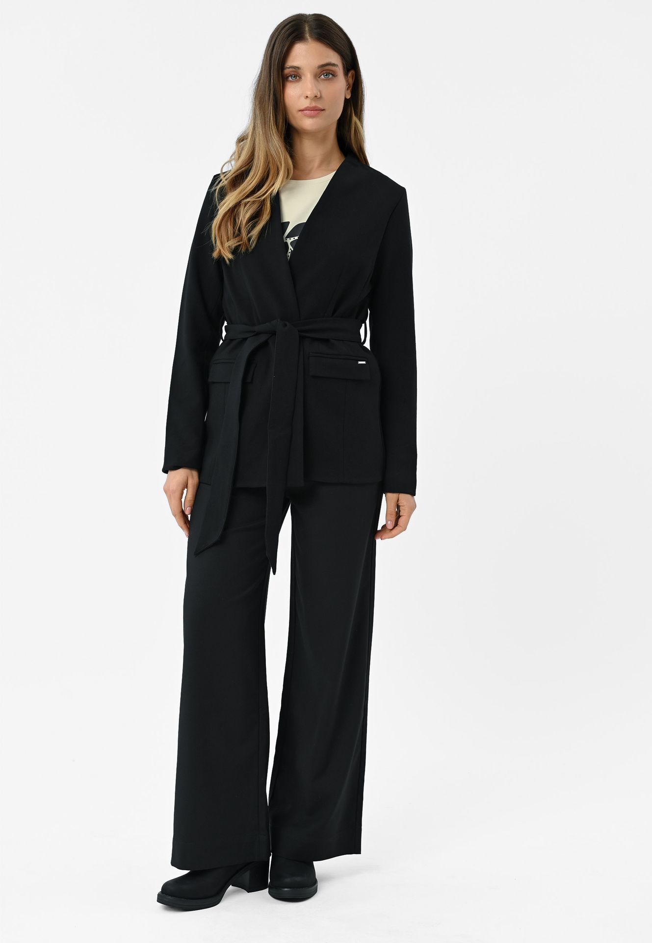 Materiałowe spodnie z szeroką nogawką R-HUS