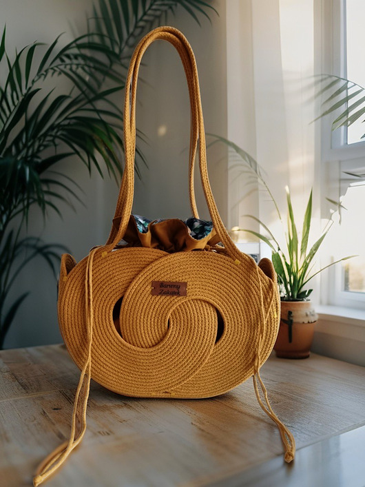 Torebka handmade ze sznurka Pierścienie musztardowa