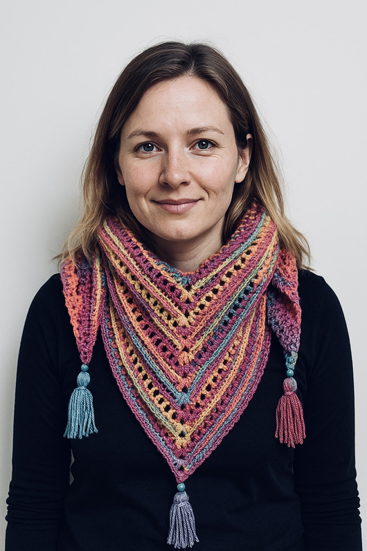 Kolorowa ciepła chusta z chwostami ręcznie robiona