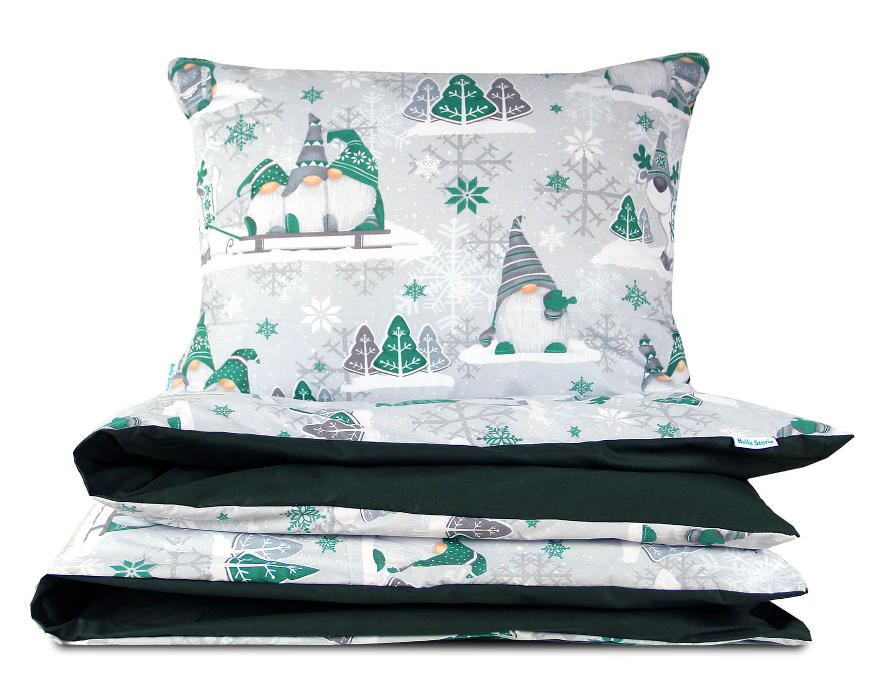 Pościel 100x135 dziecięca bawełniana szara w Zielone Skrzaty z plecaczkiem