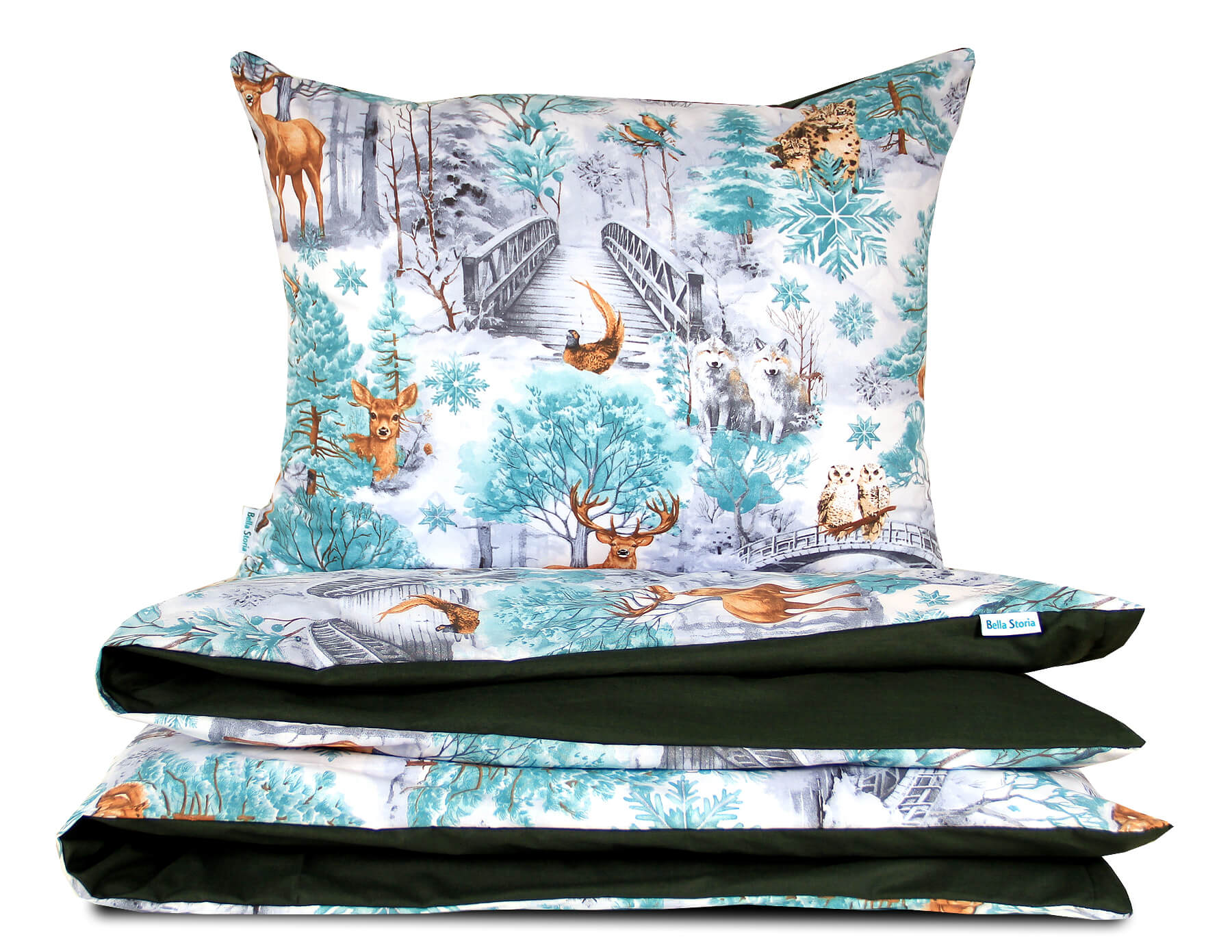 Pościel 100x135 dziecięca bawełniana Zima w lesie z plecaczkiem