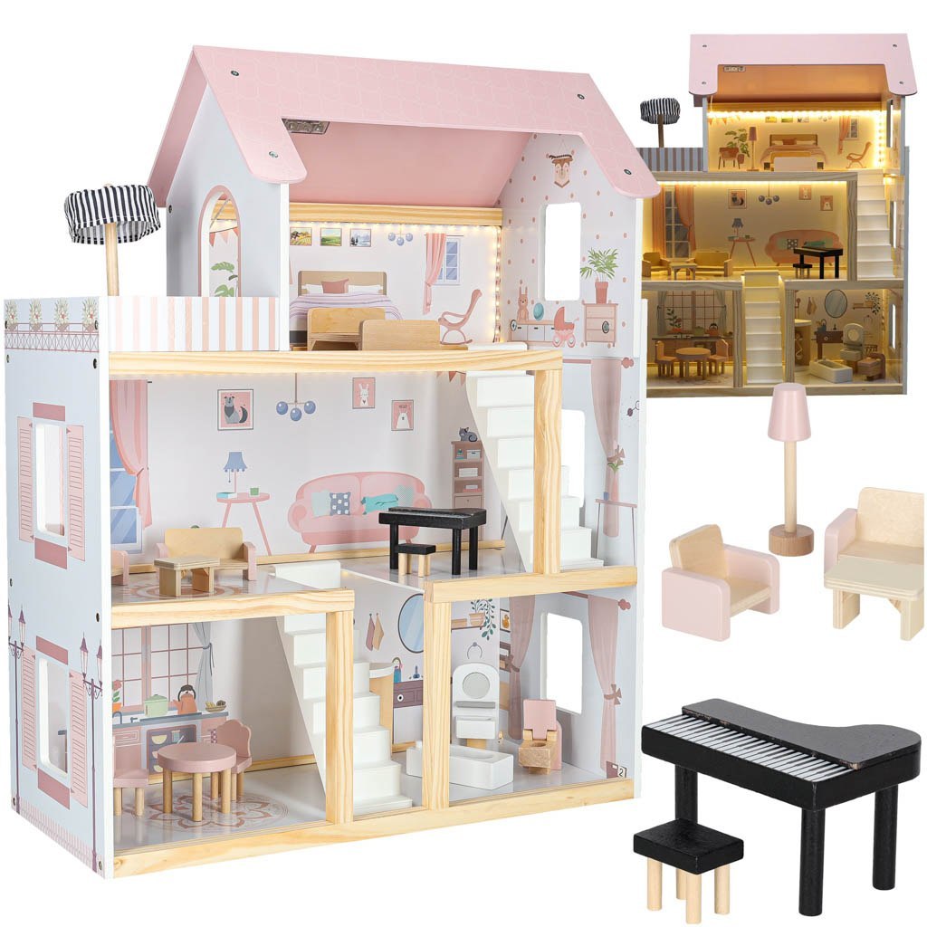 Domek dla lalek drewniany mebelki 80cm róż LED Kik Sp. z o. o. Sp. k.