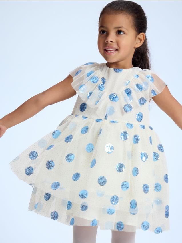 Reserved - Tiulowa sukienka z cekinami - kremowy