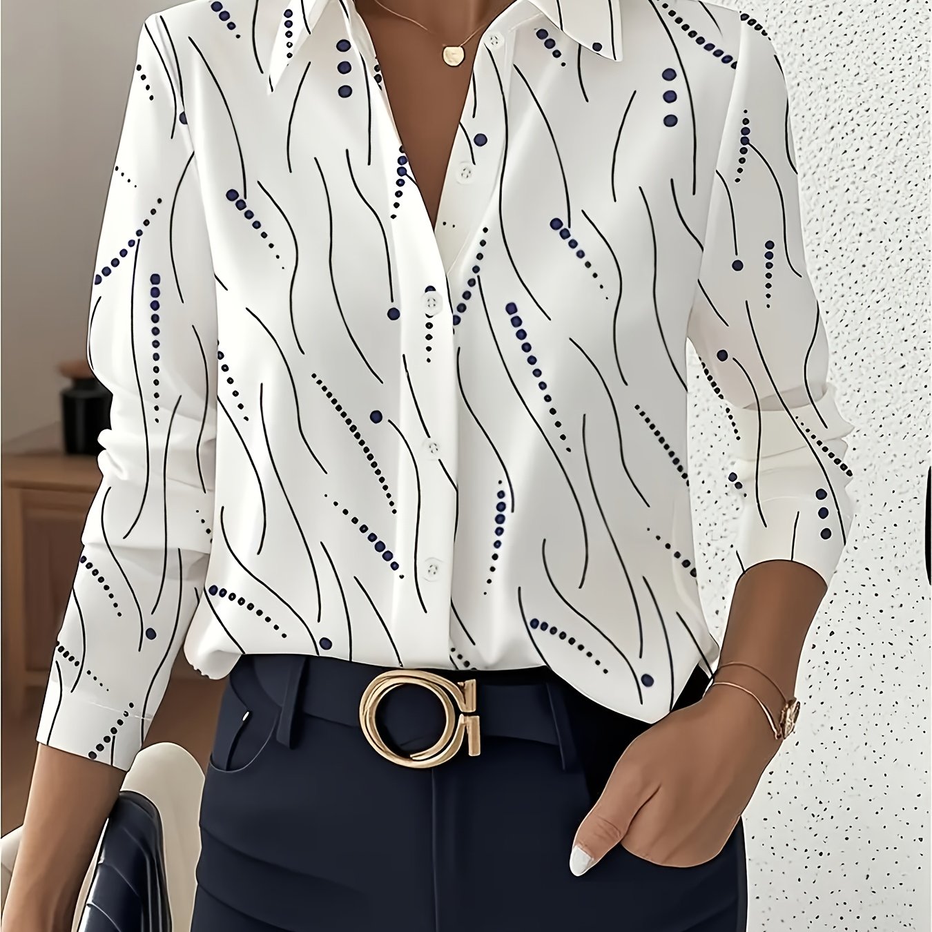 TEMU Koszula Damska w Paski z Groszkami, Długi Rękaw